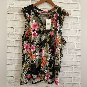 NWT! Women’s Fresh black tropical print sleeveless v-neck top 2X